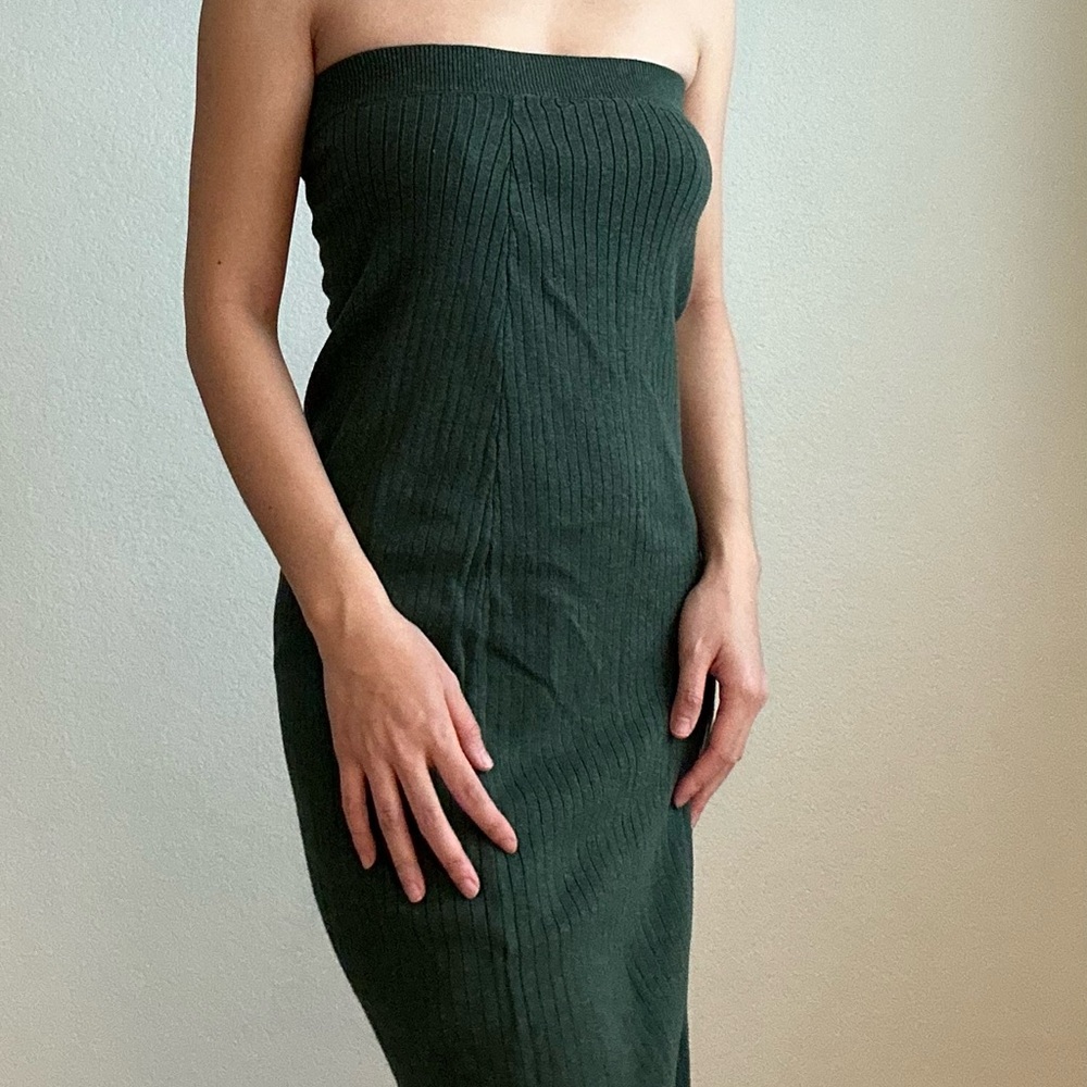 Free People Strapless Ribbed Midi Dress in Forest Green